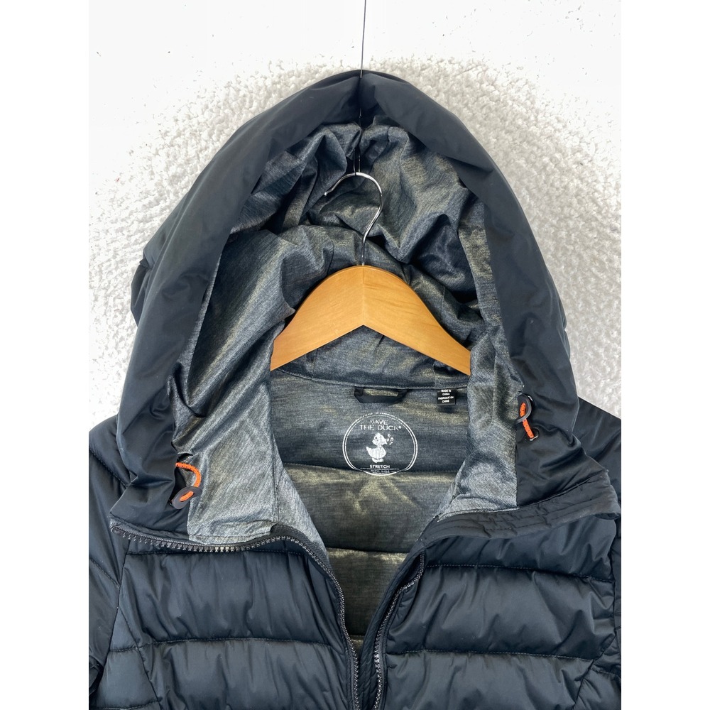Save The Duck Women's 2 M Black Stretch Puffer Coat Long Hooded Parka Winter - Picture 5 of 16
